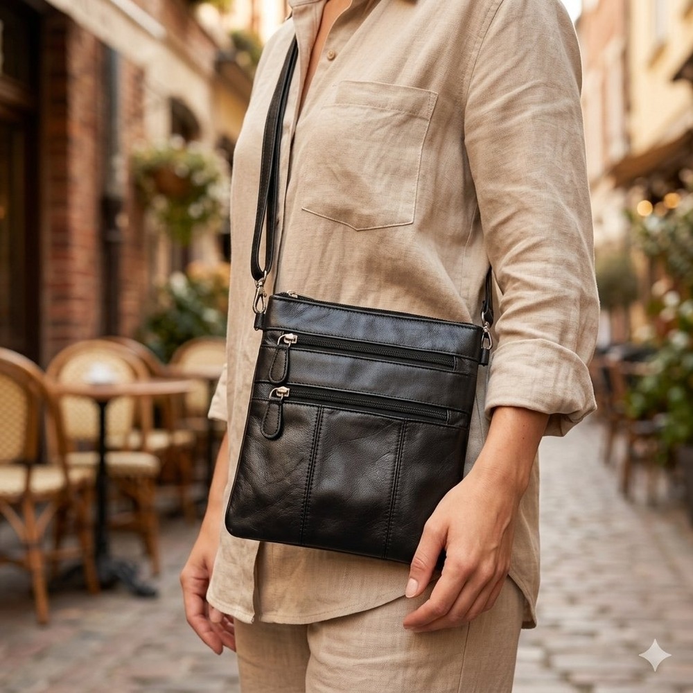 Black Leather Crossbody Bag 7x8 Small Multi Pocket Travel Organizer Purse Casual